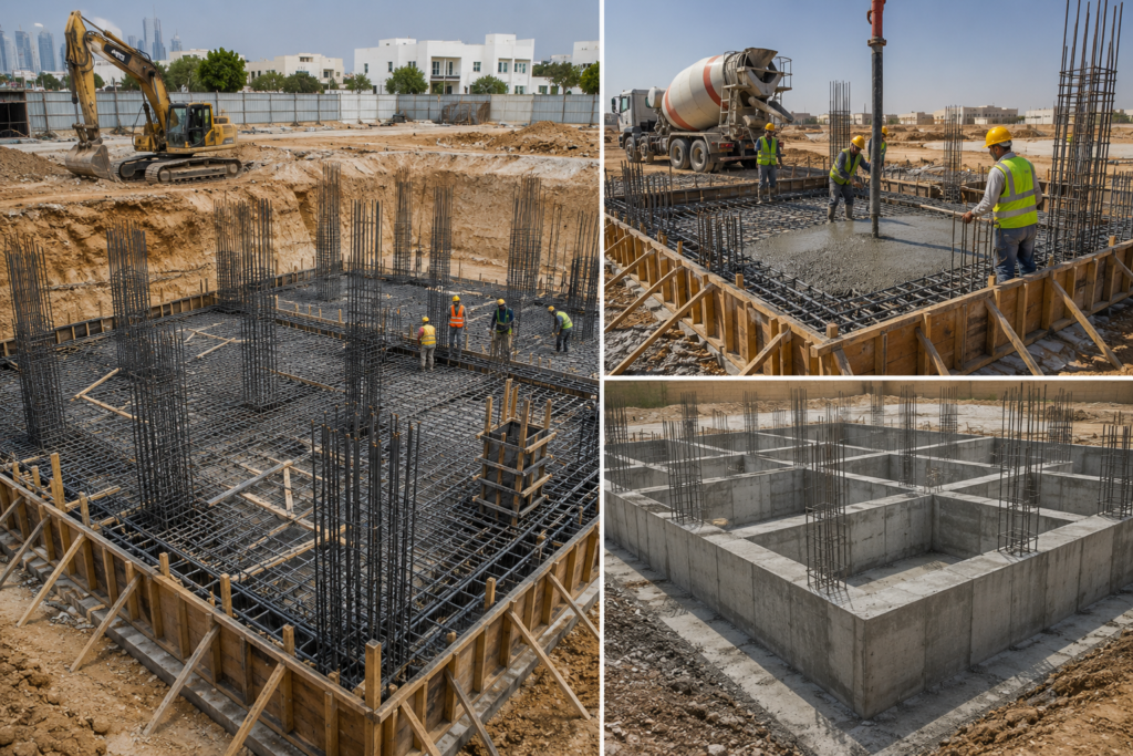 Foundation Under Construction with Rebar and Concrete Pump