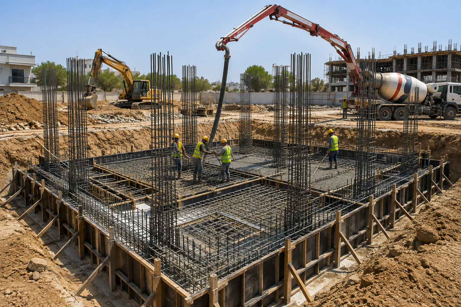 Foundation Under Construction with Rebar and Concrete Pump